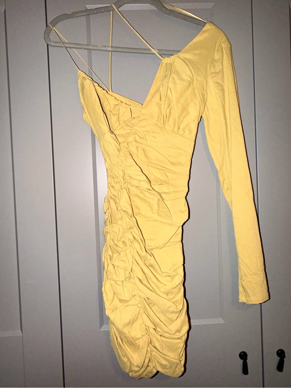 Zara Yellow Asymmetrical One-Sleeve Ruched Bodycon Dress